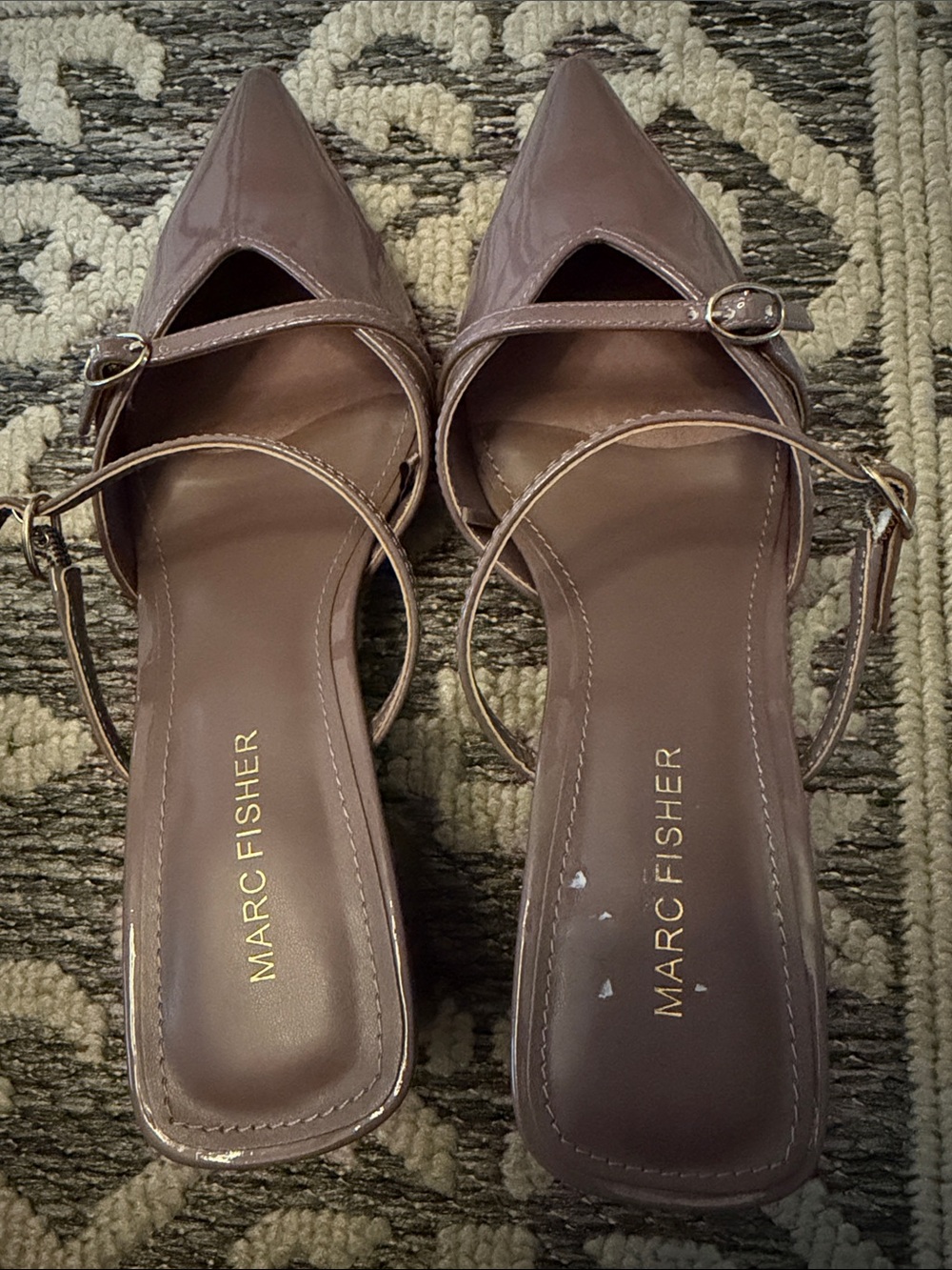 Marc Fisher Pointed Toe Patent Mules in Taupe Brown